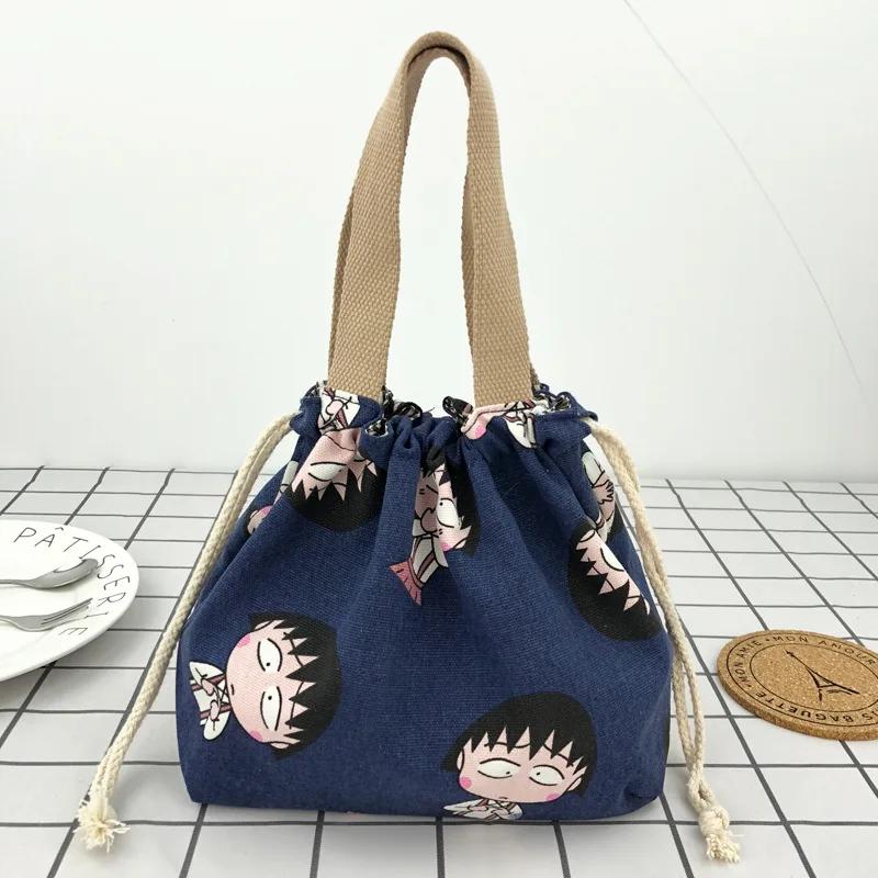 Japanese Cute Bento Bag Handheld Canvas Bag Cartoon Portable Drawstring Cutlery Storage Drawstring Bags for Two Lunch Boxes