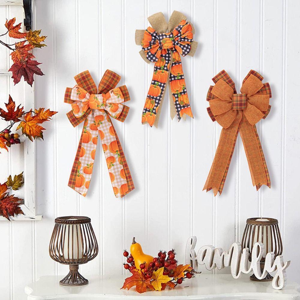 

Hanging Fall Wreath Bow Polyester Plaid Bowknot Plaid Bow Ornament Gift Box Bow Halloween