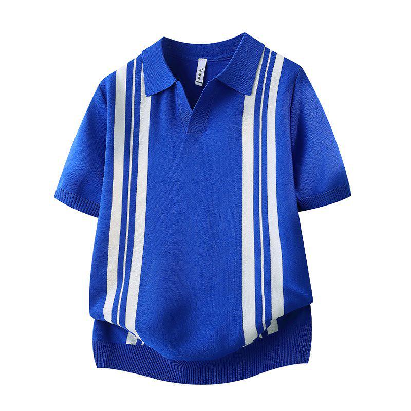 Men's Striped Patchwork Polo Collar Short Sleeve Knit Hoodie Top