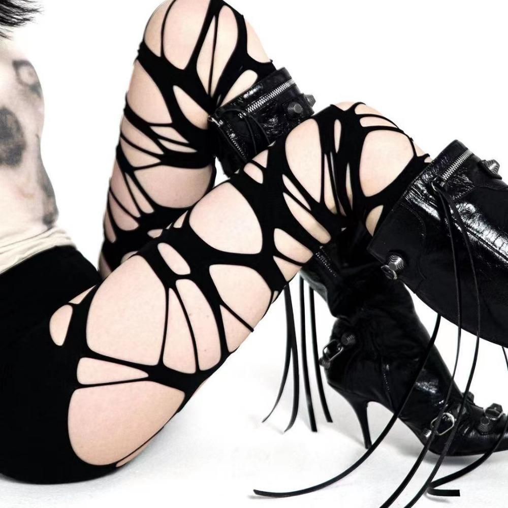 Fishnet Stockings Female Sexy Black Stockings Punk Wind Ripped Bandages Black Silk Knee Socks Irregular Stockings