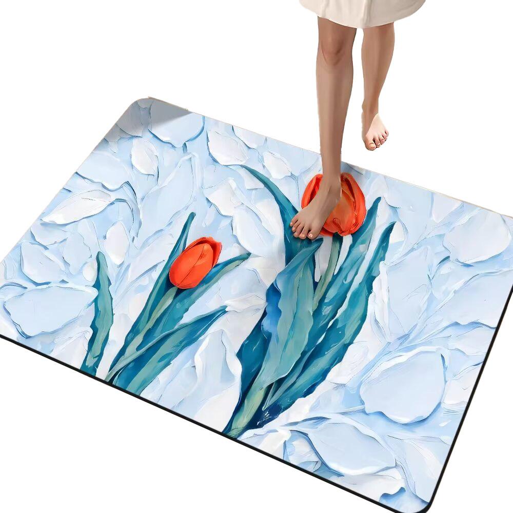 Diatom Mud Floor Mat Oil Painting Flowers Bathroom Floor Mat Water Absorption and Dirt Resistance Bathroom Anti Slip Foot Mat