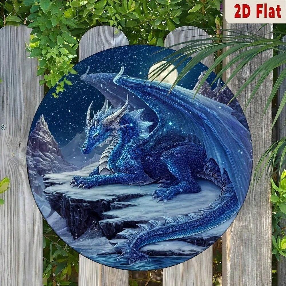 Vintage Wyvern Metal Sign Round Fantasy Night Landscape Aluminum Sci Fi Room Decor Basement Wall Art Unique Gift Home Decoration