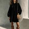 Women's Color Button Front Dress with Sleeves and Stand Collar for Casual Wear