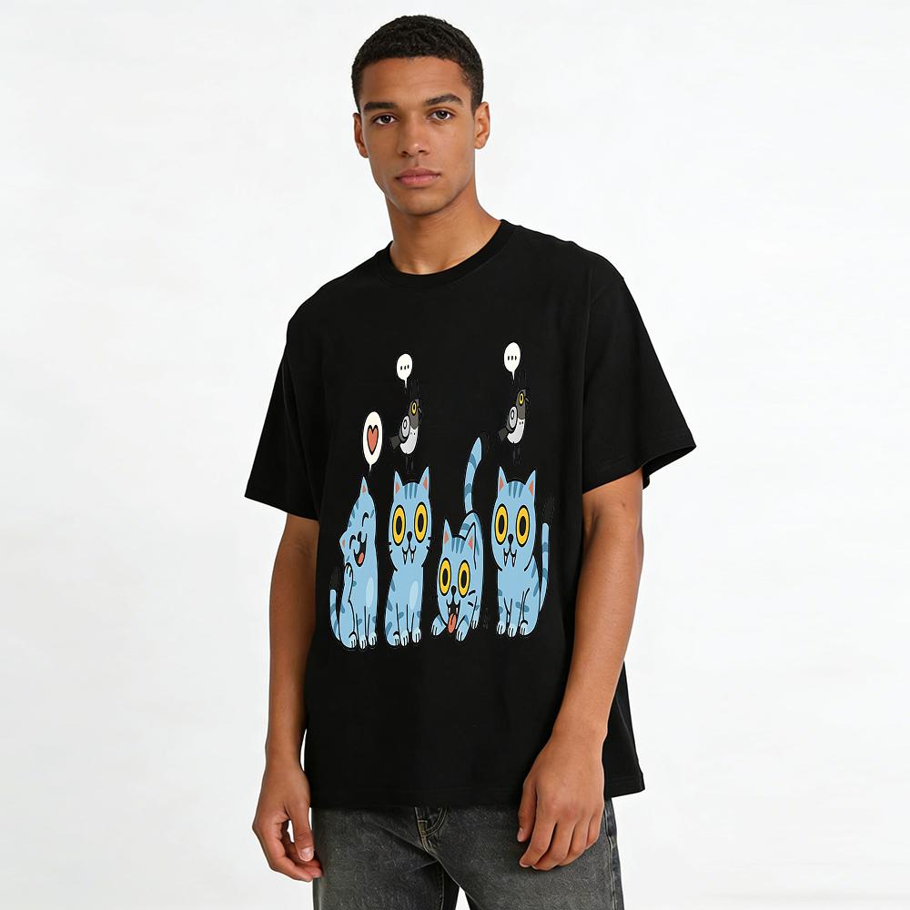 Cute Blue Cat And Bird Print T-Shirt Unisex Casual Loose Animal Pattern Top For Daily Wear Pure Cotton T-shirt