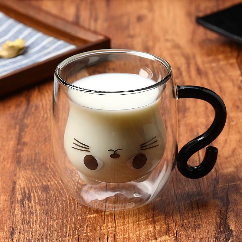 250ml Cartoon Cat Double Wall Glass Cute Coffee Tea Cup Heat-resistant Coffee Mug Handle Espresso Cup For Latte Cappuccino