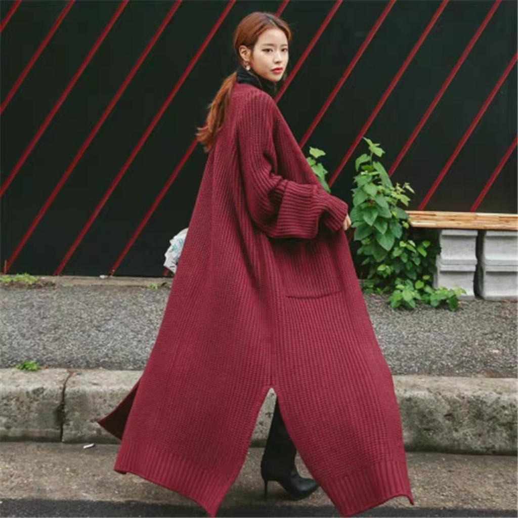 Fortykket høst- og vinterkåpe i strikket genser for kvinner, løstsittende og allsidig basisplagg, langermet strikket cardigan, jakke i middels lengde