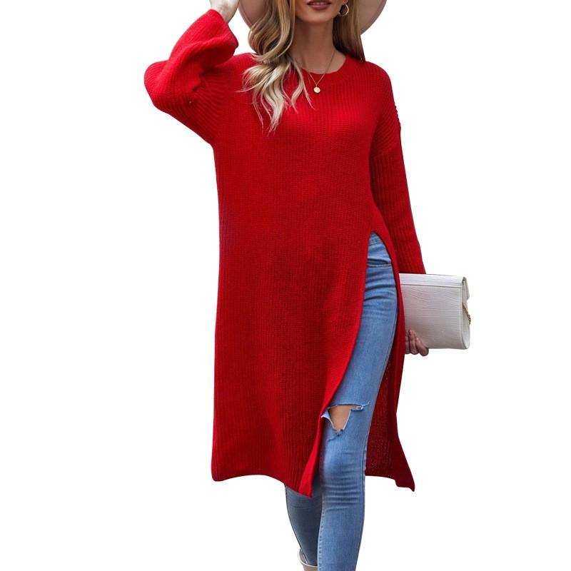 Womens Oversized Long Sleeve Knit Dress With Side Slit Warm Winter Sweater In Red Soft Cotton Blend Small красный
