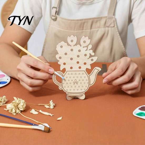Hand Painted Wood Art Wooden Teapot Shape Flower Holder, Natural Floral Display Stand, DIY Handmade Craft Blank Vase Decor for Artificial Arrangement,
