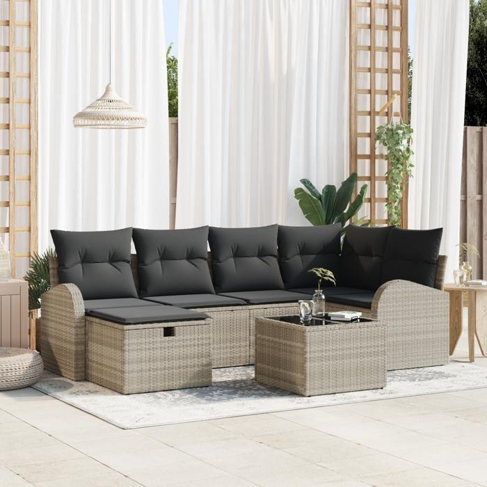 Ensemble de canapé de jardin 7 pièces avec coussins gris clair en rotin, Canapé de jardin 2 places avec rangement et 3360423