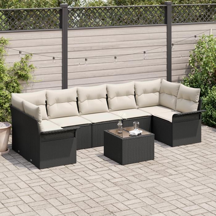 VidaXL Ensemble de canapé de jardin 8 pièces avec coussins en poly rattan noir 3345277