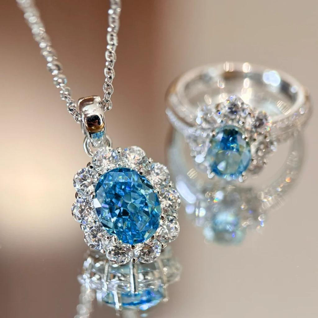 Romantic Atmosphere Mint Paraiba Pendant Necklace Light Luxury Fashion Tanzanian Blue Ring Color Treasure Set Women