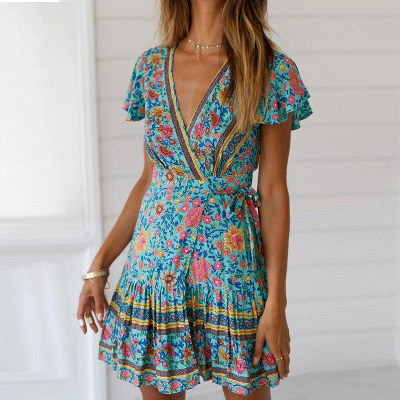 Summer V-neck Sexy Bohemian Print Dress Short Skirt Skirt Women Clothing