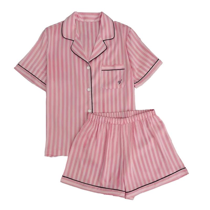 Can Wear Striped Cute Girl Comfortable Short-Sleeved Pajamas Simulation Silk Cool Loungewear Two-Piece Set