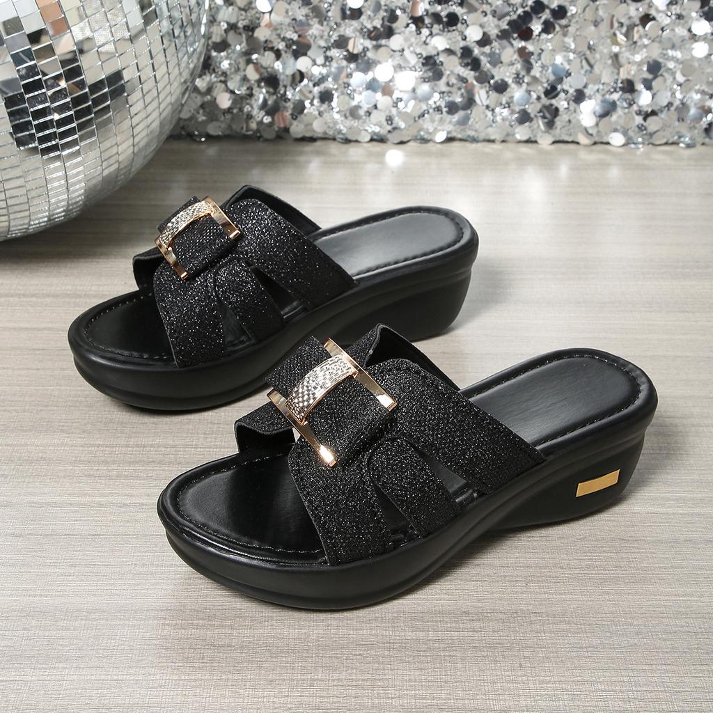 Zehentrenner mit dicker Sohle, coole Hausschuhe für Damen, aus weichem Leder, vielseitige Ein-Wort-Hausschuhe, Sommer 2025, neue Muffin-High-Heel-Hausschuhe