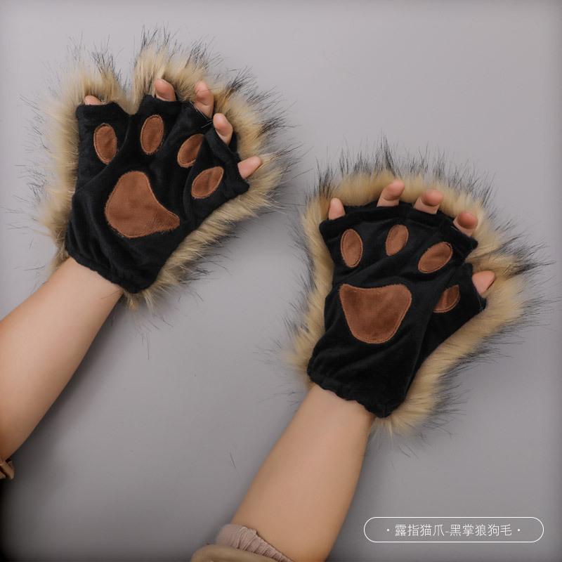Source Handmade Plush Lolita Animal Ears Animal Claw Accessories Soft Cute Girl Cat Lady INS Cat Claw Half Finger Gloves approx. 20x17cm