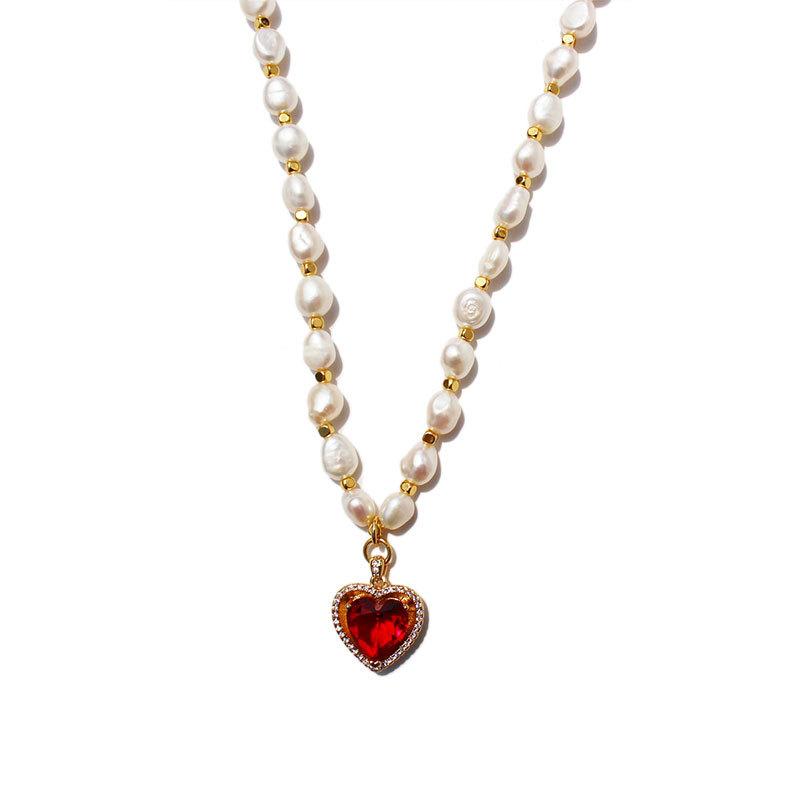 French Vintage Vintage Vintage Vintage Elegant Freshwater Pearl Red Love Necklace Peach Heart Zircon Tide