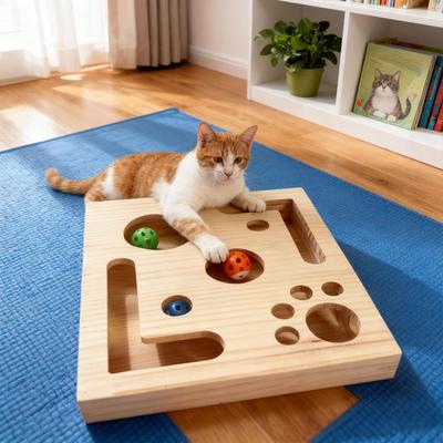 Interaktives Holzkatzen-Puzzlespielzeug Mentale Stimulation Box Spaß mit Ball Indoor-Übung Labyrinthspiel