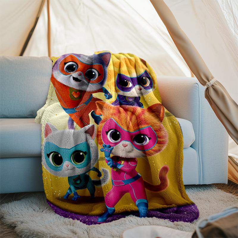 1pc Super Kitties Adventures1 Theme Soft Flannel Throw Blanket - Digital Print, Polyester, Cozy for All Seasons, Perfect for Outdoor, and Travel