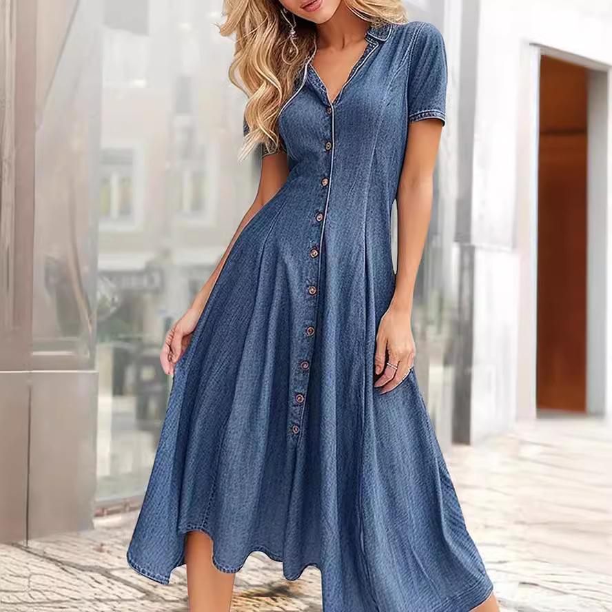 2024 European & American Casual V-Neck Short Sleeve Denim Dress