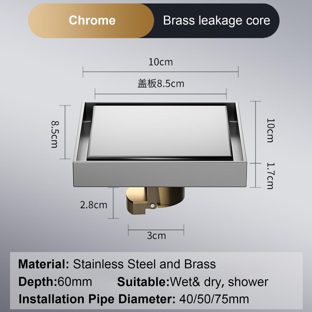 Foot Floor Drain 10*10cm Anti-odor Bath Drains  Deodorization Square DIY Black Shower Filter Plug Cover Pipe 304 Stainless Steel