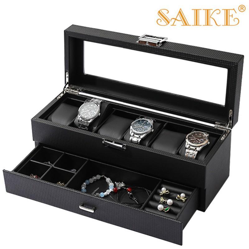 

Винтажная шкатулка для хранения 6 часов и ювелирных изделий из искусственной кожи с отделкой из углеродного волокна