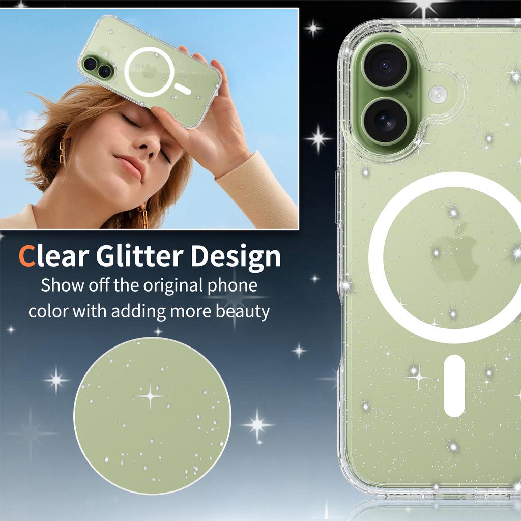 Mag Safe Phone Cover for Magsafe Iphone 17 Pro Max Air 17Pro Iphone17 16 Plus 16E 15 14 Pro 13 Pro Anti-Yellowing Clear Glitter Case Accessories