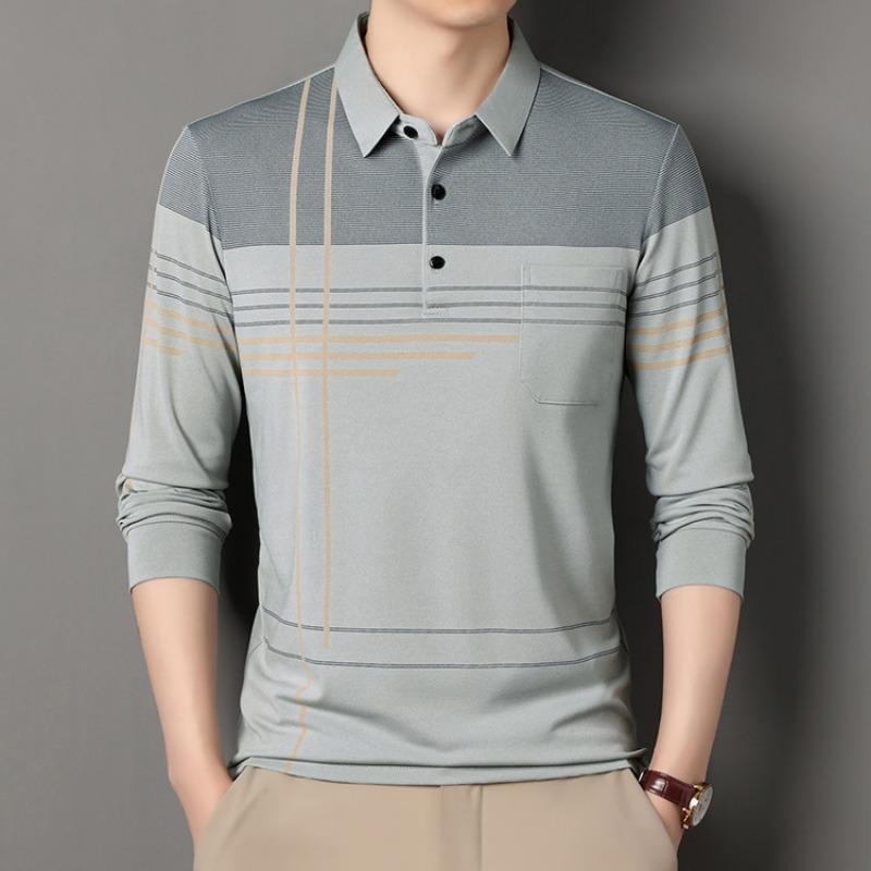 Men Casual Striped Long Sleeve Polo Shirt With Real Pocket Daily Wear Top