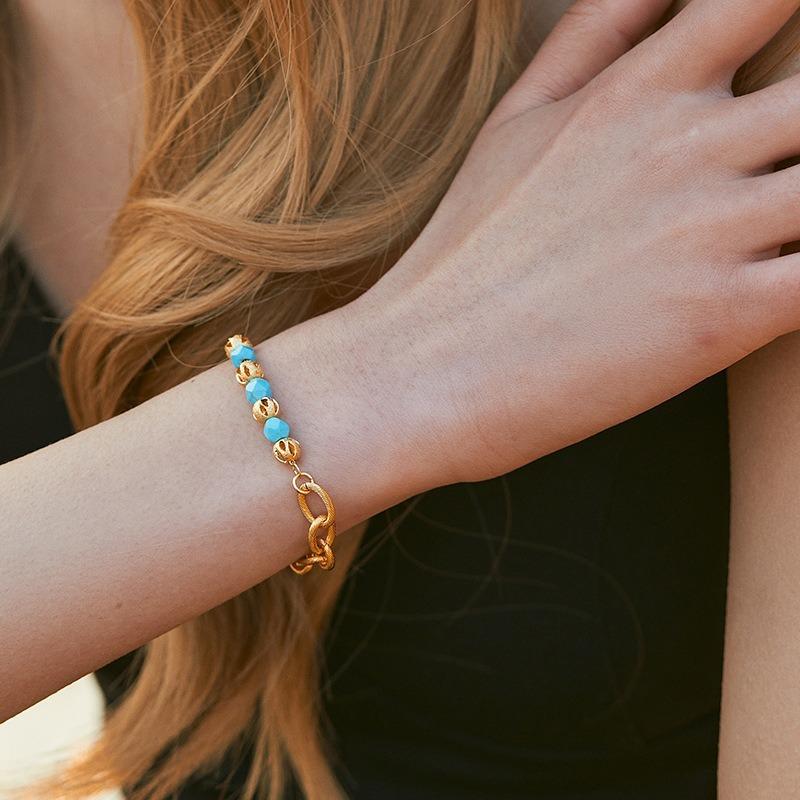 French Neutral 18k Gold Plated Brass Interlocking Chain Hollow Turquoise Bracelet