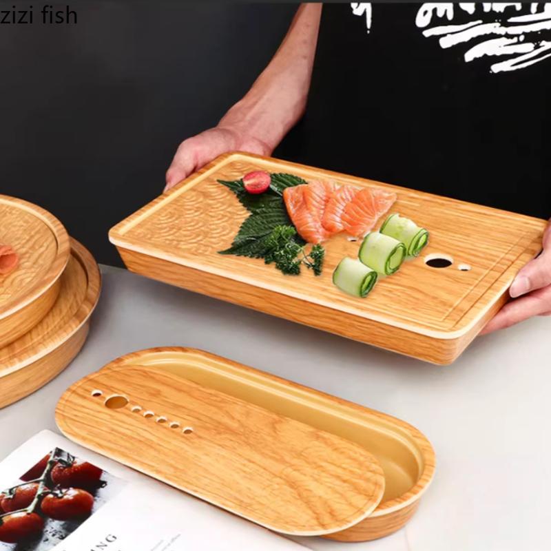 Wood Grain Melamine Plate Hot Pot Restaurant Dry Ice Plate Sashimi Plates Serving Plates Fruit Dish Dessert Bowl Snack Tray