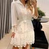 Turn-down Collar Long Sleeve Single-breasted Pullover Women Dress Hollow Out Floral Shape Shirt