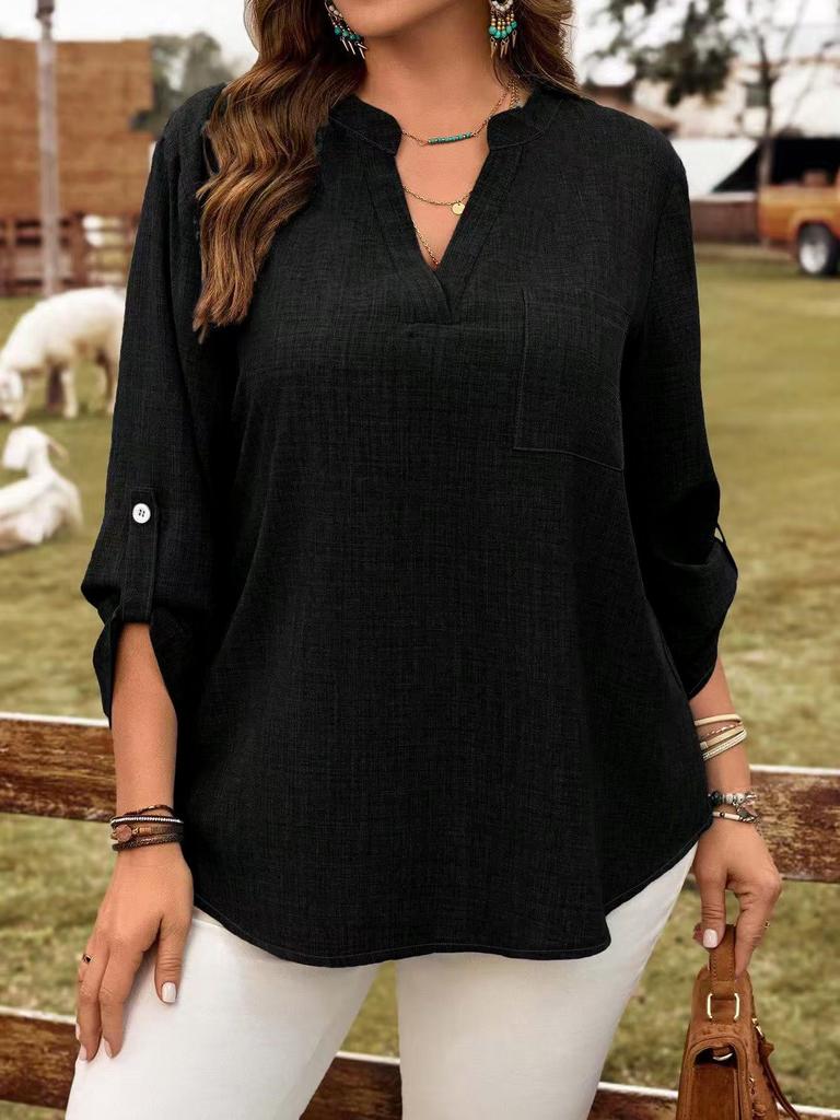 2025 Plus Size Women's V-Neck Button Top - European/American Spring & Autumn Fashion