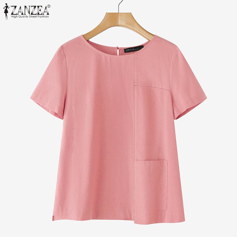 

ZANZEA Женская повседневная однотонная блузка с круглым вырезом и коротким рукавом S хаки