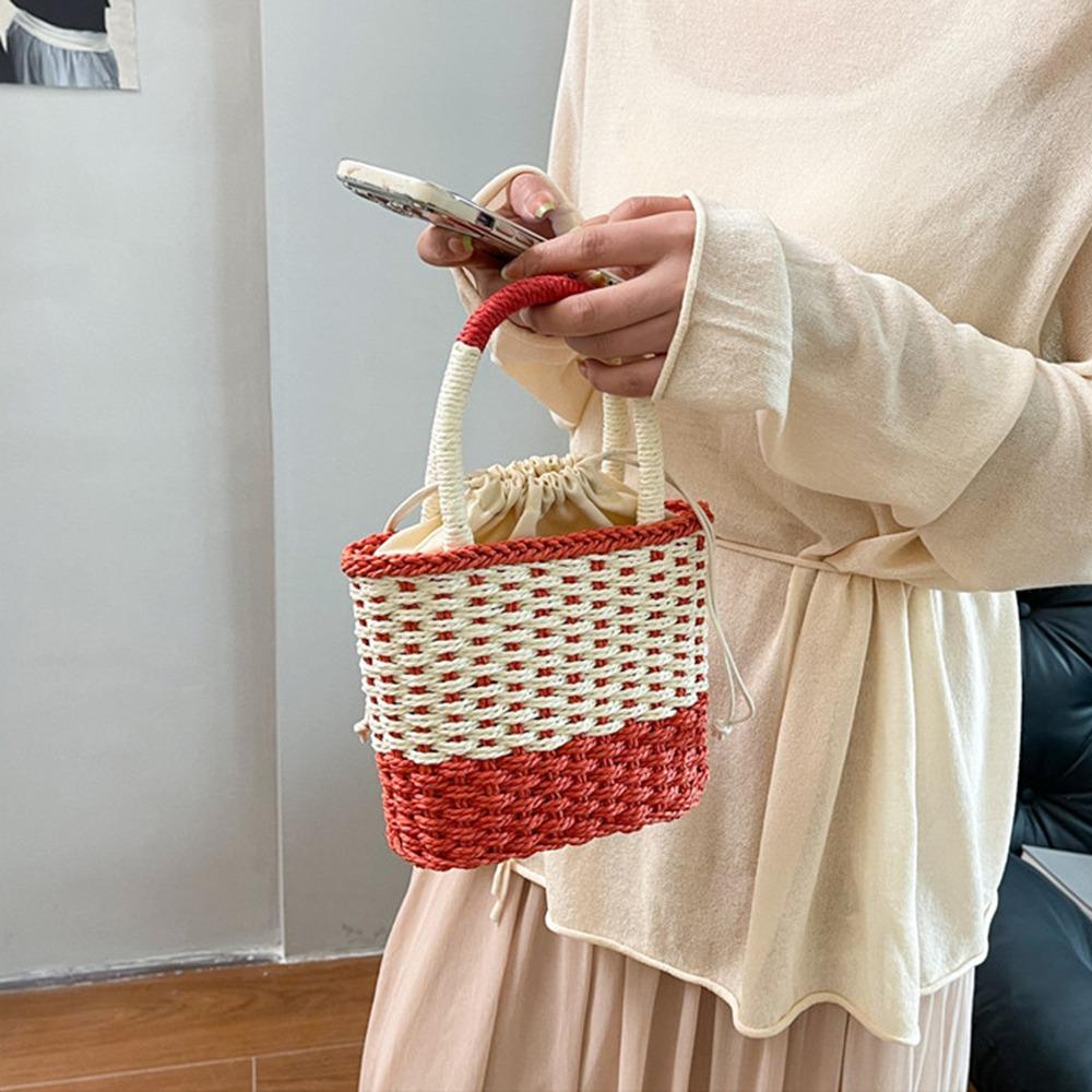 Large Capacity Weave Straw Bag Colorful Patchwork Striped Handbag Simple Beach Bag  Woman Girls