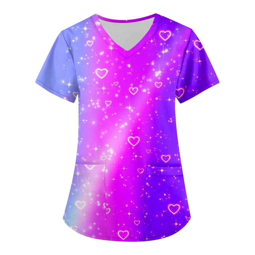 Women's Fashion V-neck Short Sleeve Workwear With Pockets Valentine's Day Printed Tops
