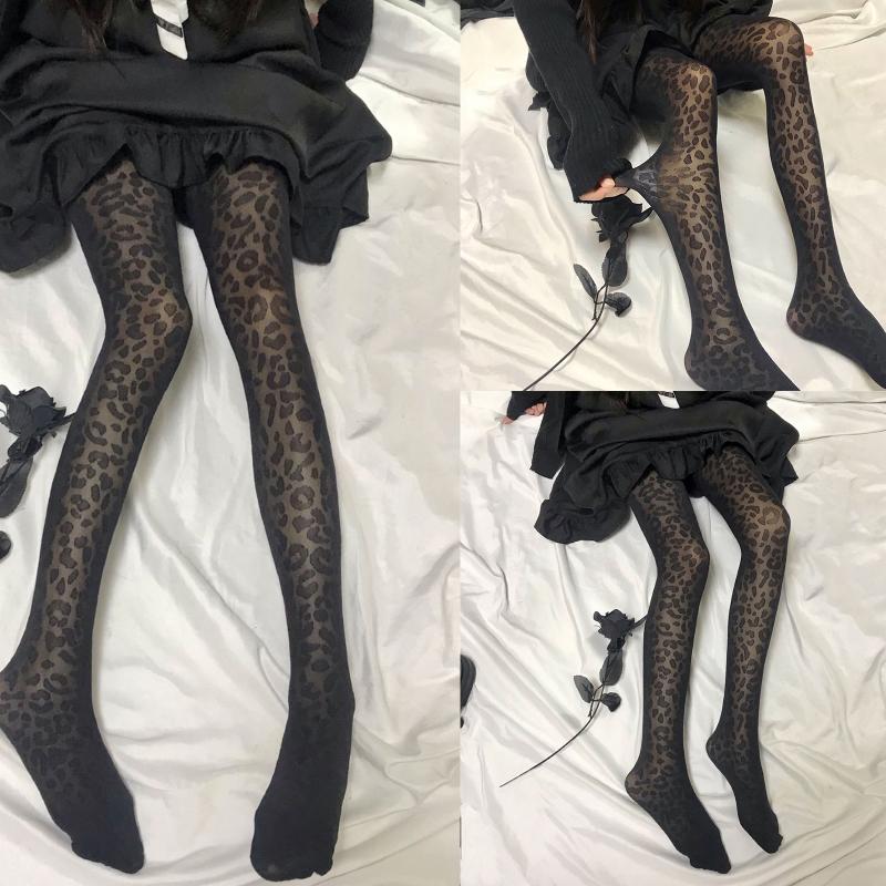 Women Spring Summer Sexy See Through Silky Pantyhose Stockings Leopard Print Jacquard Patterned Black Tights Hosiery