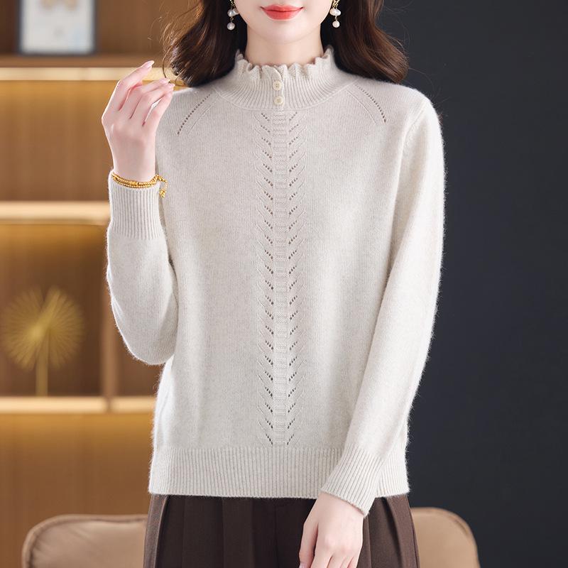 Women's Cashmere Sweater: Autumn/Winter Wool Knitwear, New Style, Thickened Base Layer, Semi-High Collar with Ruffles.