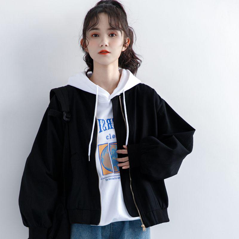2023 Retro HK-Style Women's Black Baseball Jacket - Casual Spring/Autumn Short Coat