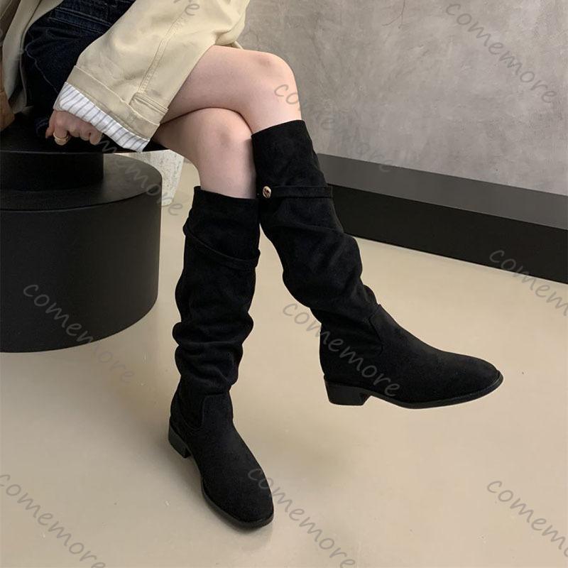 Fashion Comemore Suede Knight Boots Women 2025 New Autumn Retro Pleated Fashion Chunky Heeled Shoes for Women Solid Long Botas Femininas