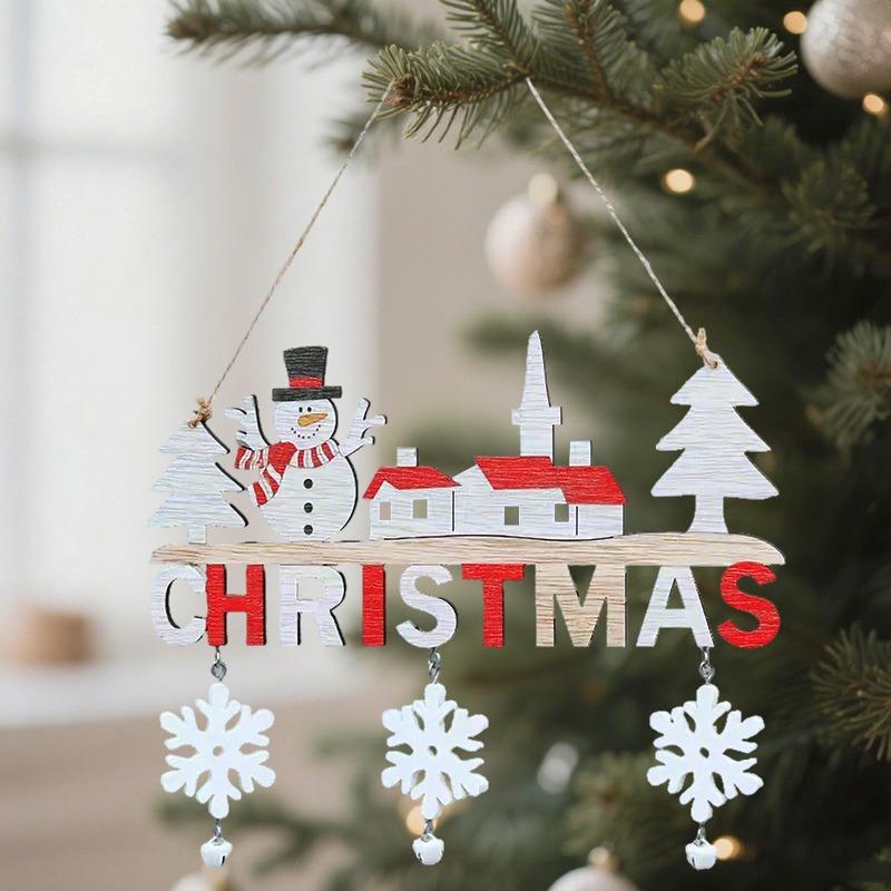Christmas wooden letter decorations, Santa Claus snowman reindeer snowflake bell pendants, holiday door and window decorations
