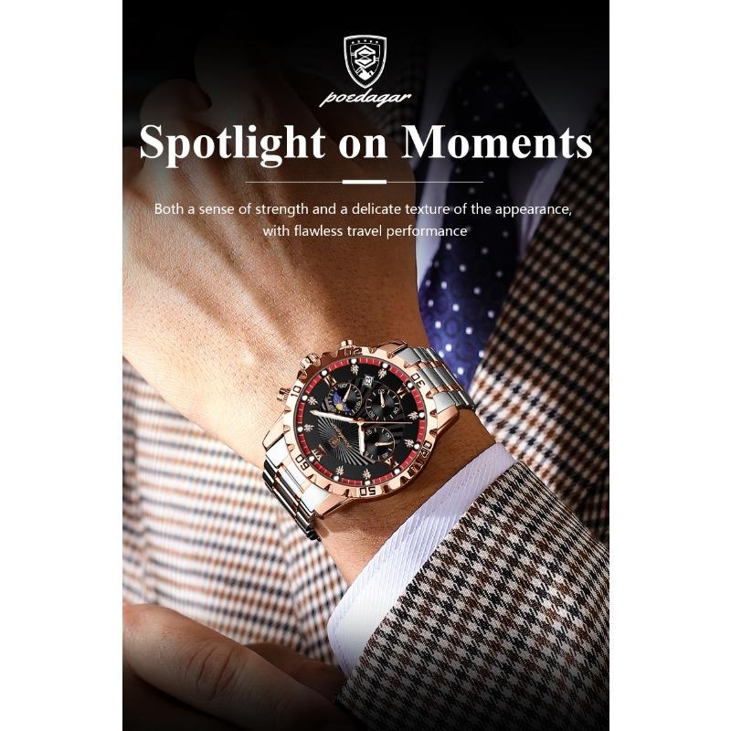POEDAGAR Luxury Military Watch For Men Waterproof Luminous Chronograph Date Wristwatch Stainless Steel Quartz Watches