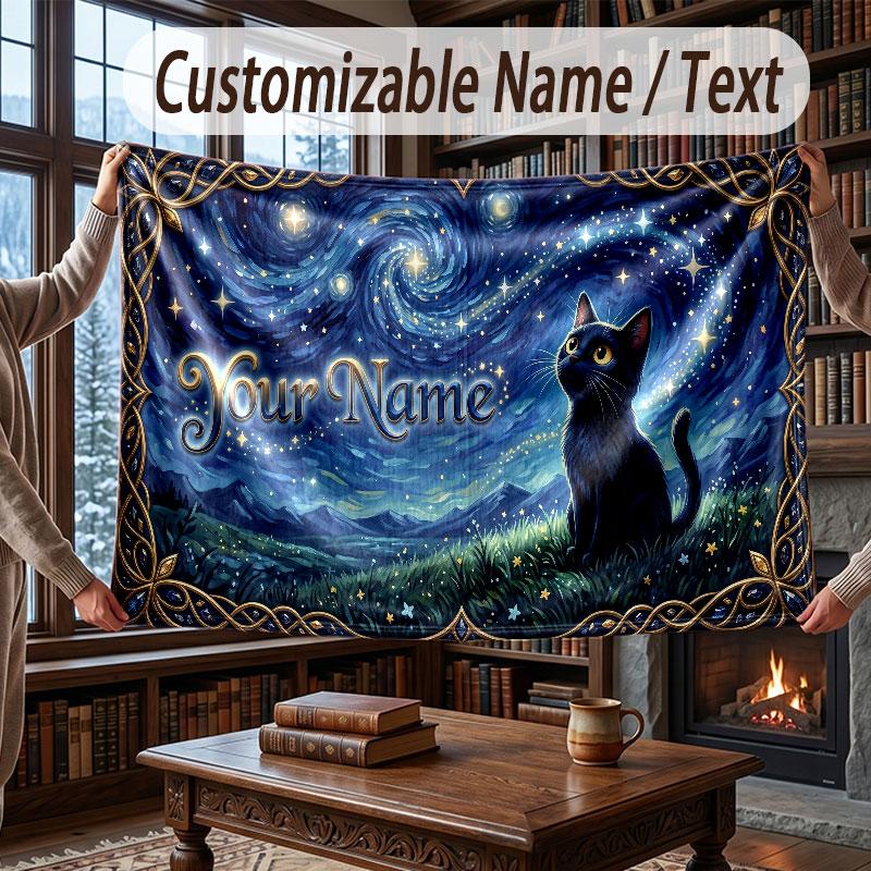 Cat Theme Throw Blanket Custom Name Text Personalized Blanket Soft Cozy Blanket for Home Sofa Bed