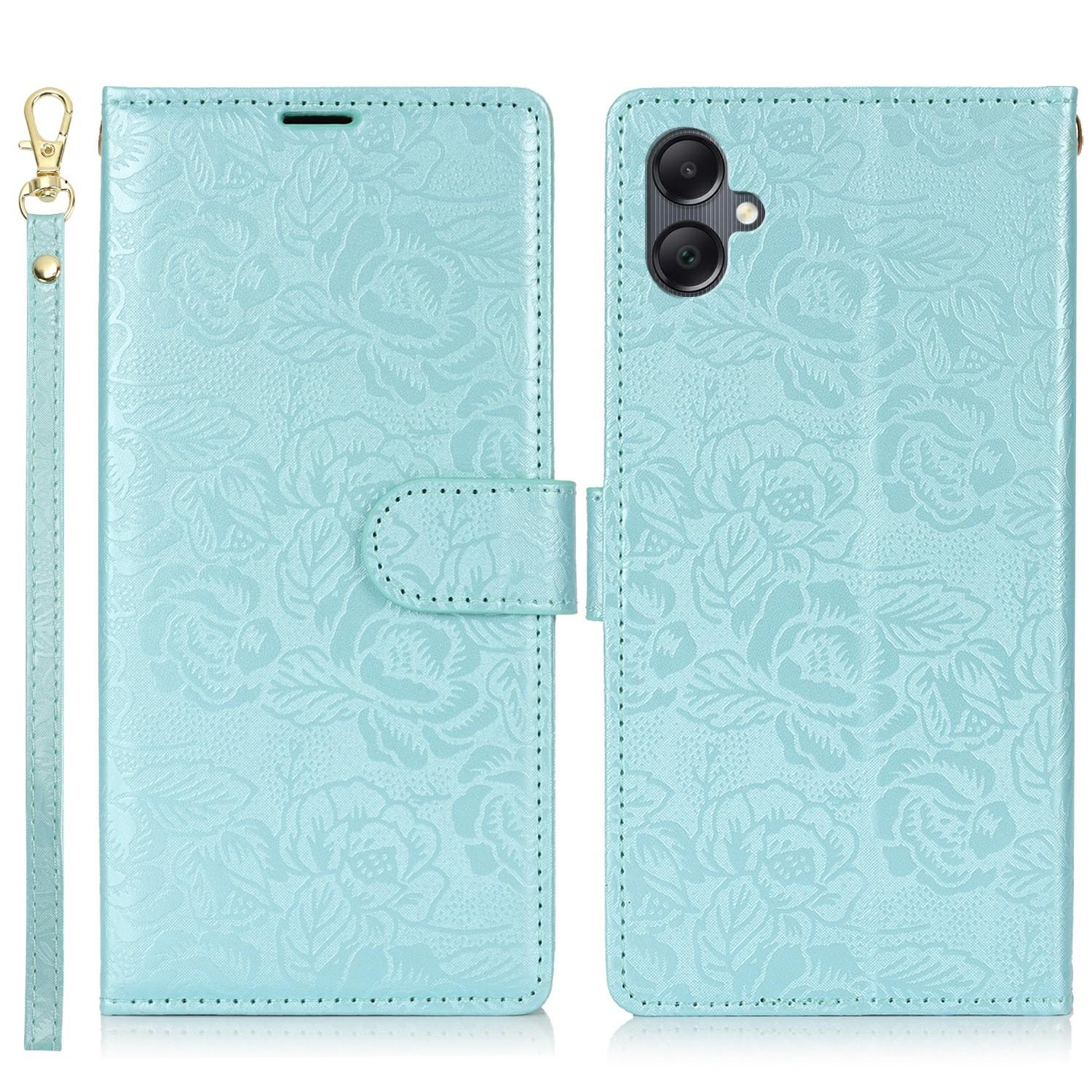 

For Samsung Galaxy A05 4G Case with Hand Strap Flower Imprint Leather Wallet Phone Cover Blue
