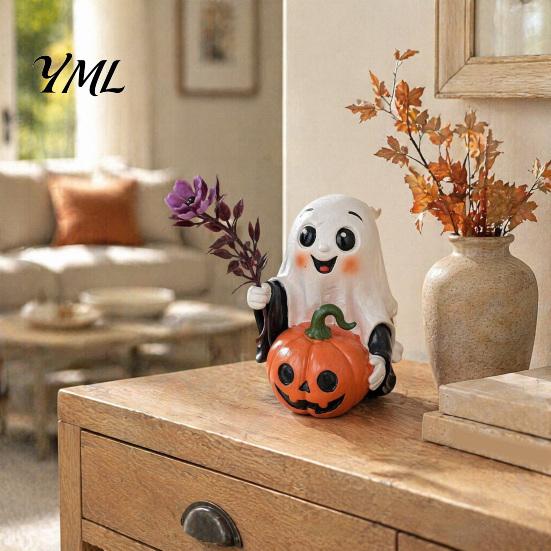 Halloween Ghost Pumpkin Decor Decoration, Holding Resin Figurine with Witch Soft Aesthetic Sculptures Hat, Spooky Cute Tabletop for Home Kitchen
