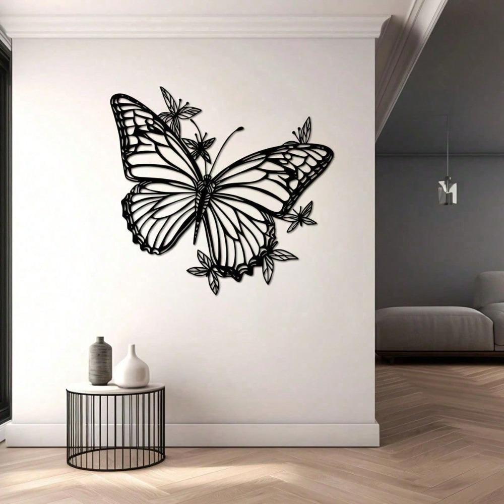 1 PC Big Black Iron Butterfly With Several Little Butterflies Minimalist Metal Wall Art - Modern Home Decor For Bedroom, Living Room, Or Bathroom.