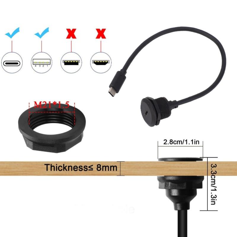 Panel Mount Extension Adapter Cable 5Gbps Type C 3.0 Male To Female Flush Mount Adapter 20V 3A
