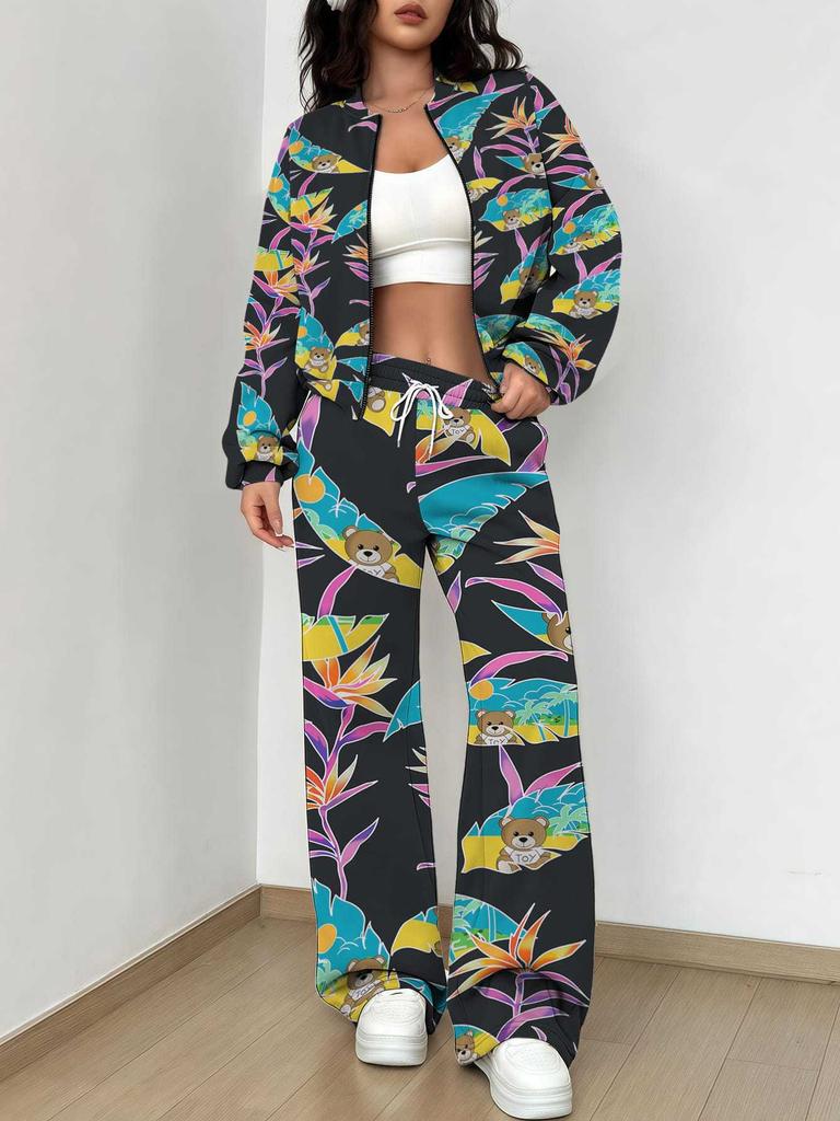 Striped Autumn And Winter New European And American Women'S Clothing Pink Flower Printing Suit Women