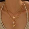 Boho Y2K Multilayer Crystal Chain Necklace for Women Star Moon Sun Starfish Shell Conch Pendant Choker Jewelry Accessories