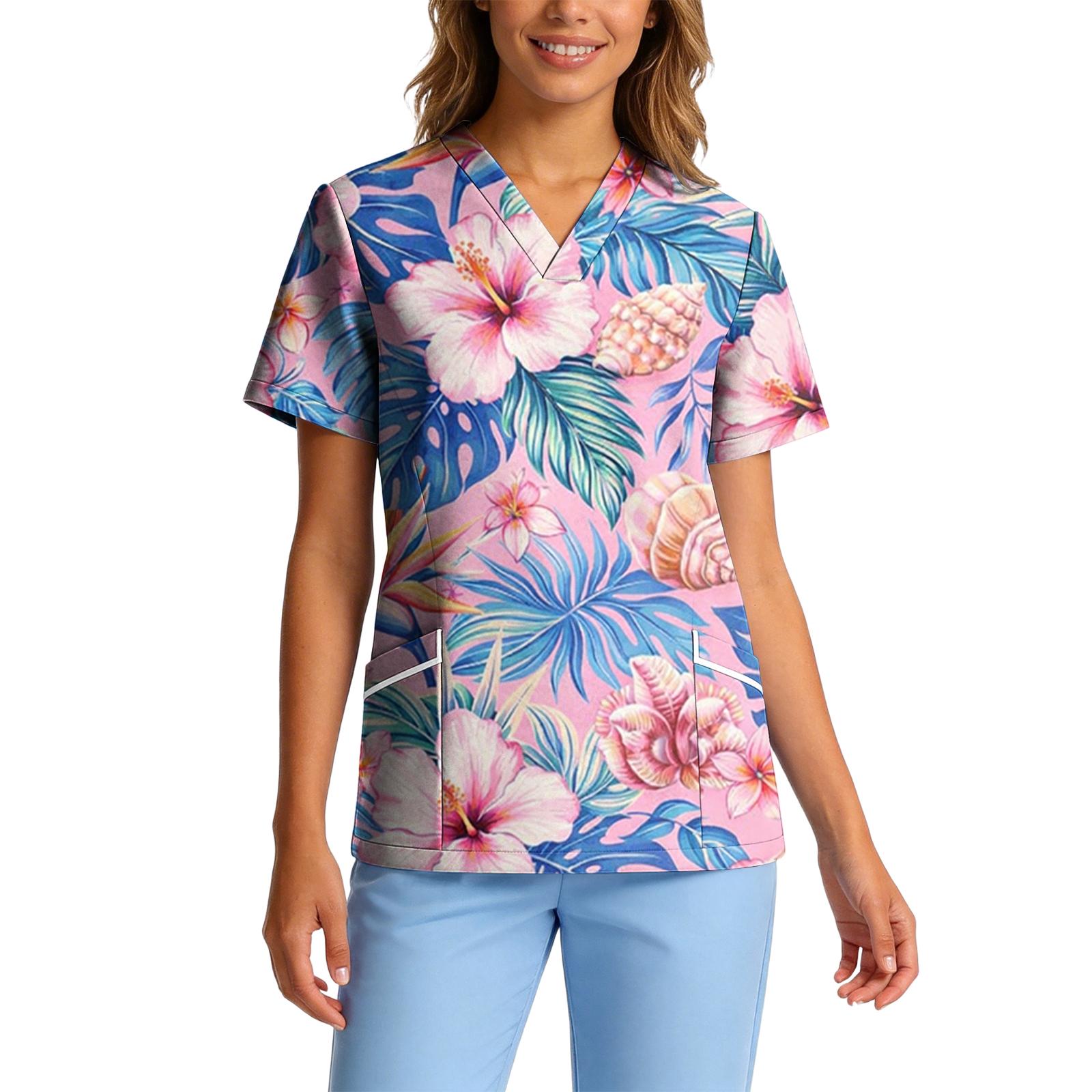 

Women s Stretch Quick-Dry V-Neck Short Sleeve Workwear Top with Hawaiian Print & Pockets S розовый