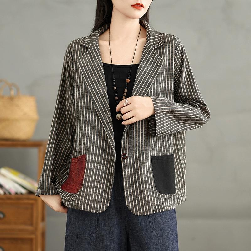 Жіноча осіння куртка в смужку печворк, повсякденний блейзер з кишенями, що контрастують