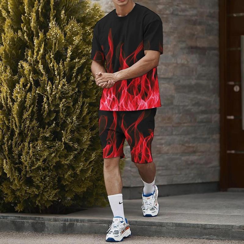 Summer New Men's Short Sleeved Shorts T-shirt Set with 3D Printed Flame Pattern Casual T-shirt Set with Fashionable Sweatshirt
